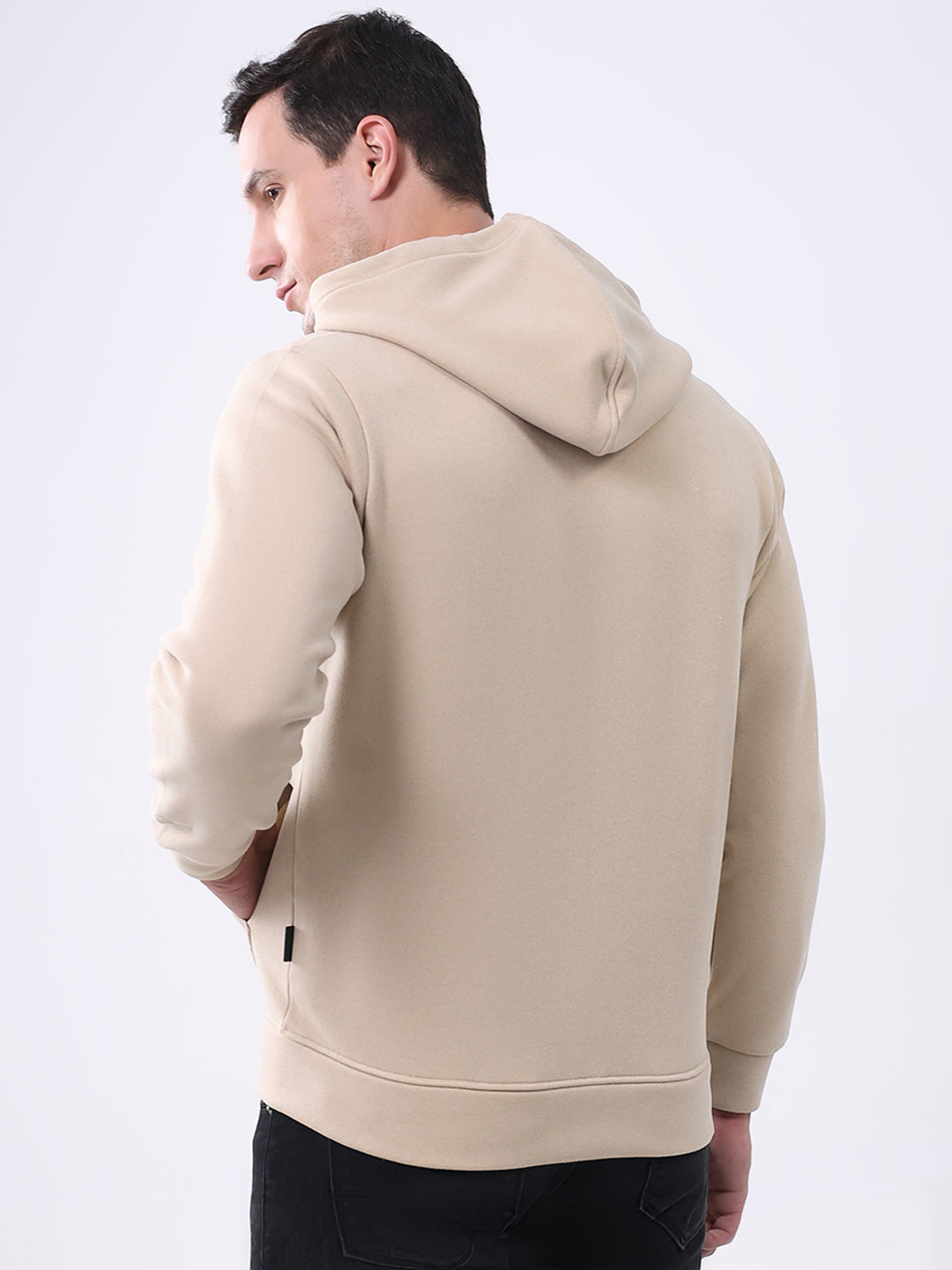 Rock.it Men Beige Solid Hooded Full Sleeve Sweatshirt