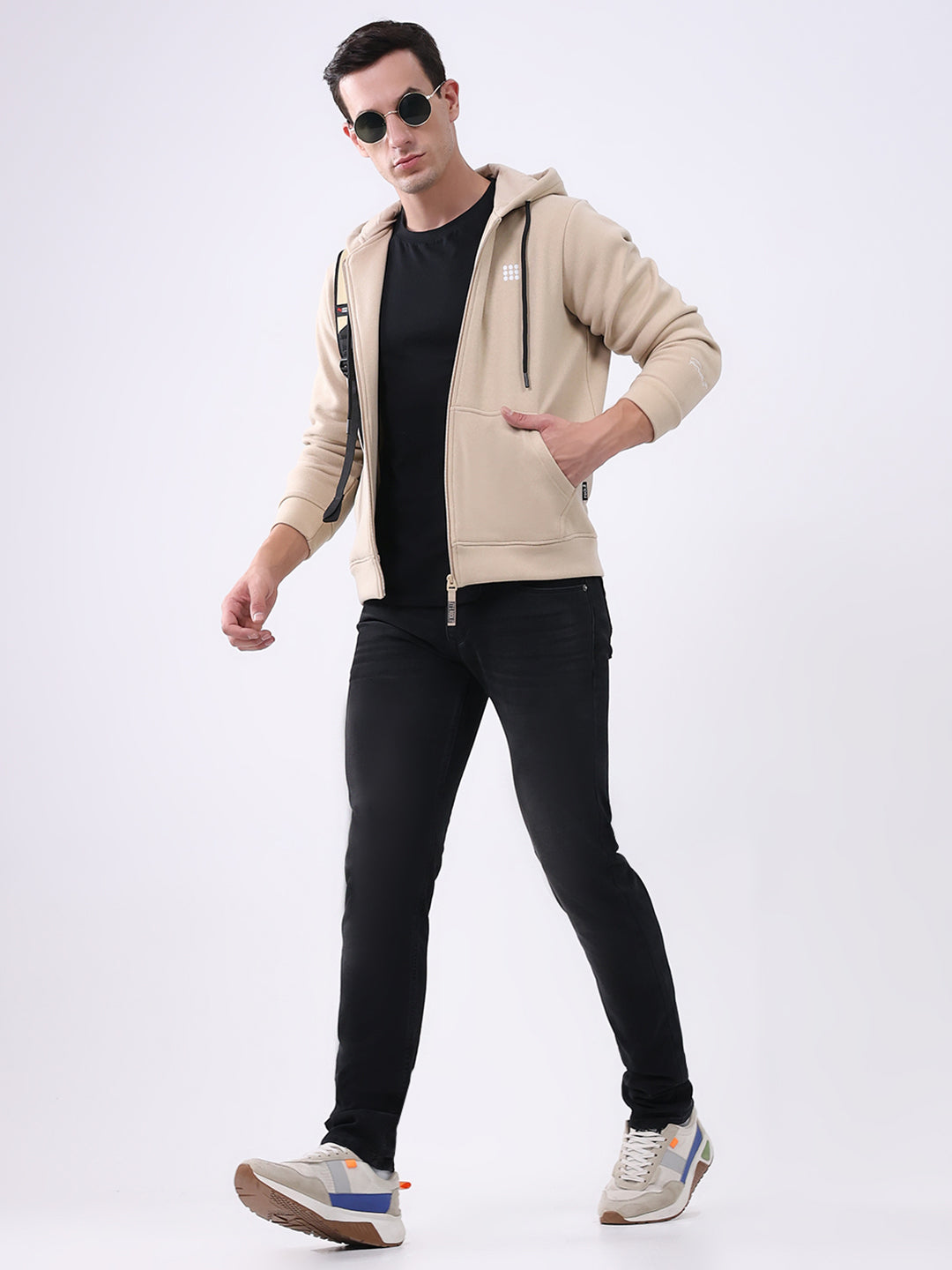 Rock.it Men Beige Solid Hooded Full Sleeve Sweatshirt