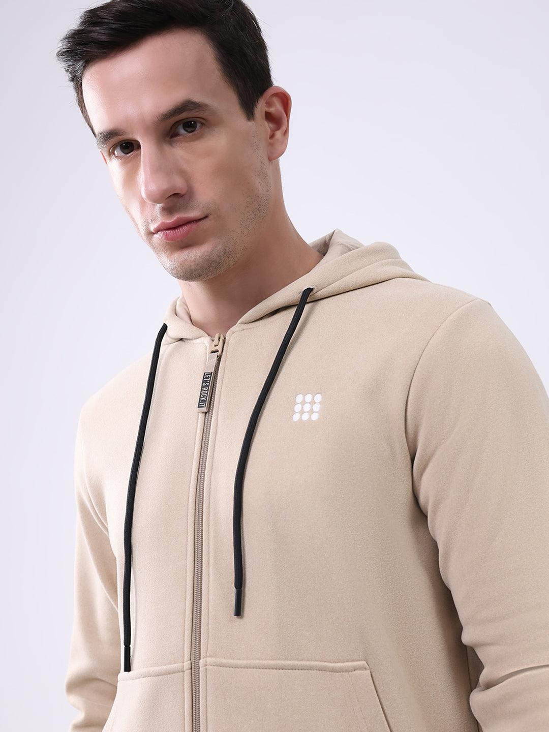 Rock.it Men Beige Solid Hooded Full Sleeve Sweatshirt