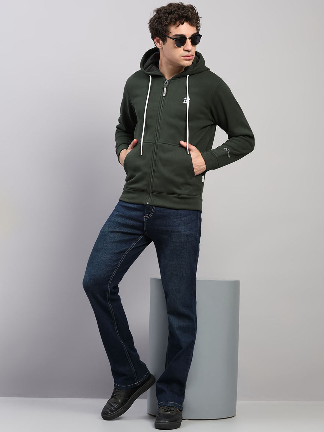 Rock.it Men Olive Solid Hooded Full Sleeve Sweatshirt