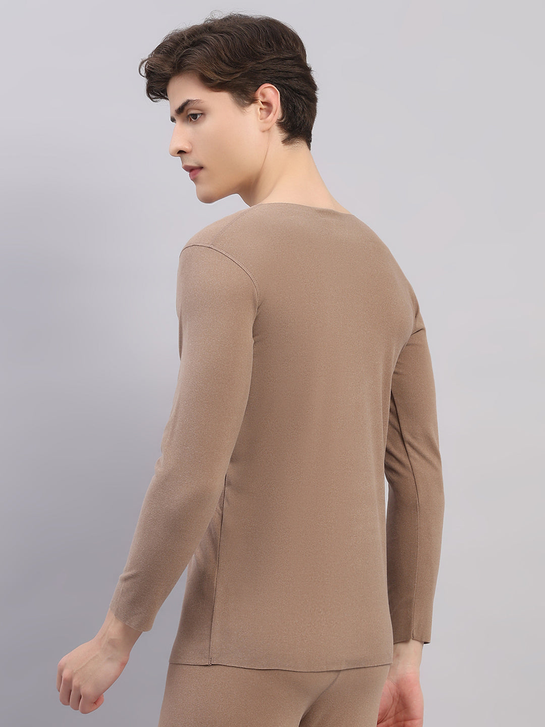 Rock.it Men Beige Solid Round Neck Full Sleeve Thermal Vest
