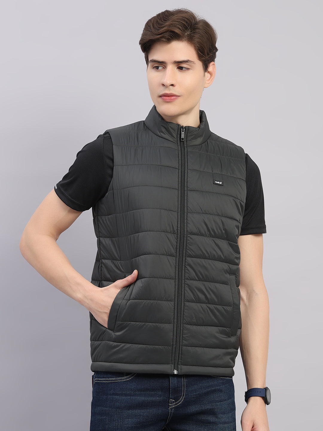 Rock.it Men Olive Solid Stand Collar Sleeveless Jacket