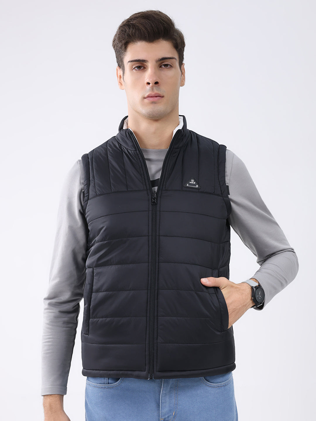 Rock.it Men Black & White Solid Mock Neck Sleeveless Jacket