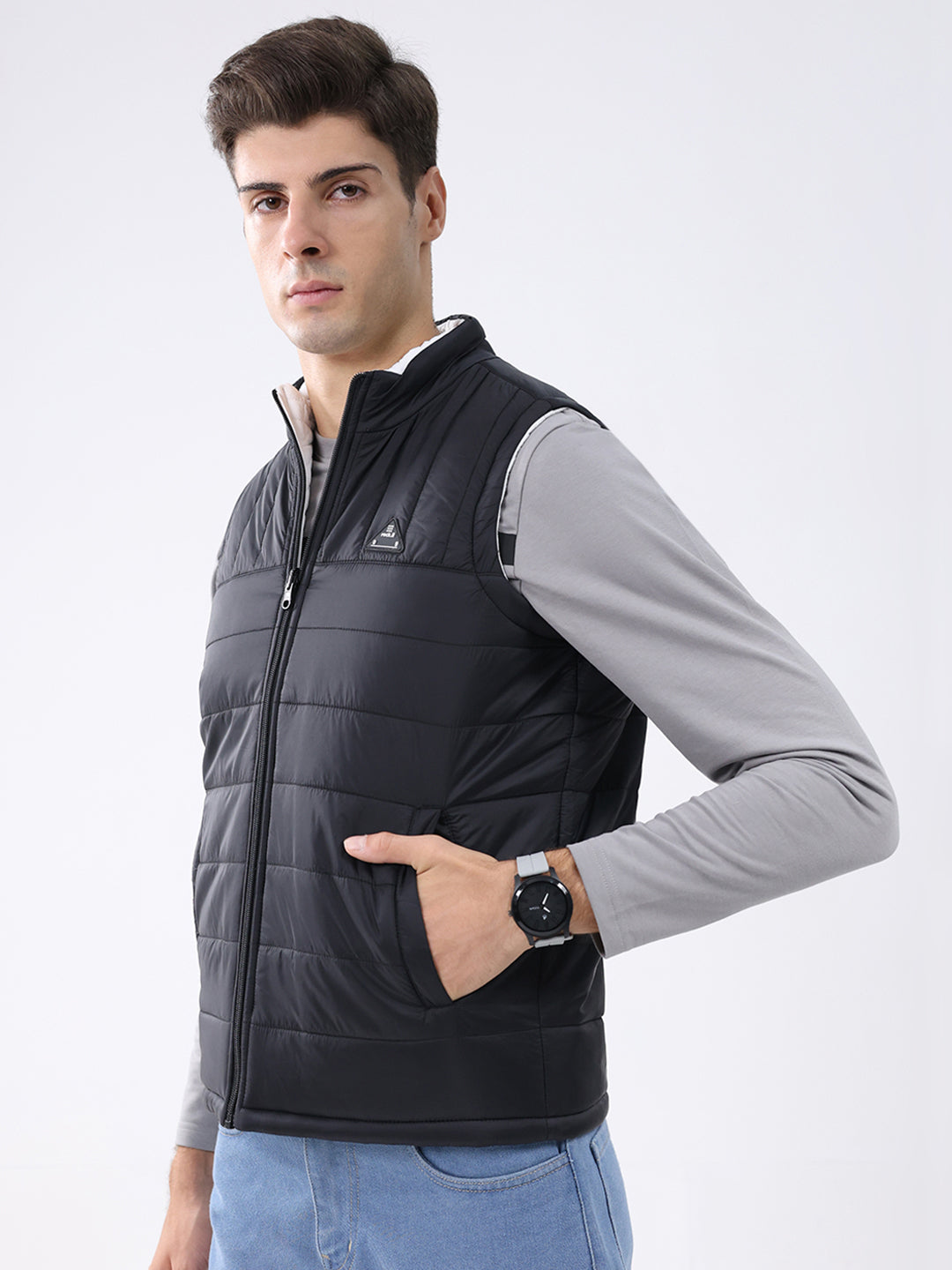 Rock.it Men Black & White Solid Mock Neck Sleeveless Jacket