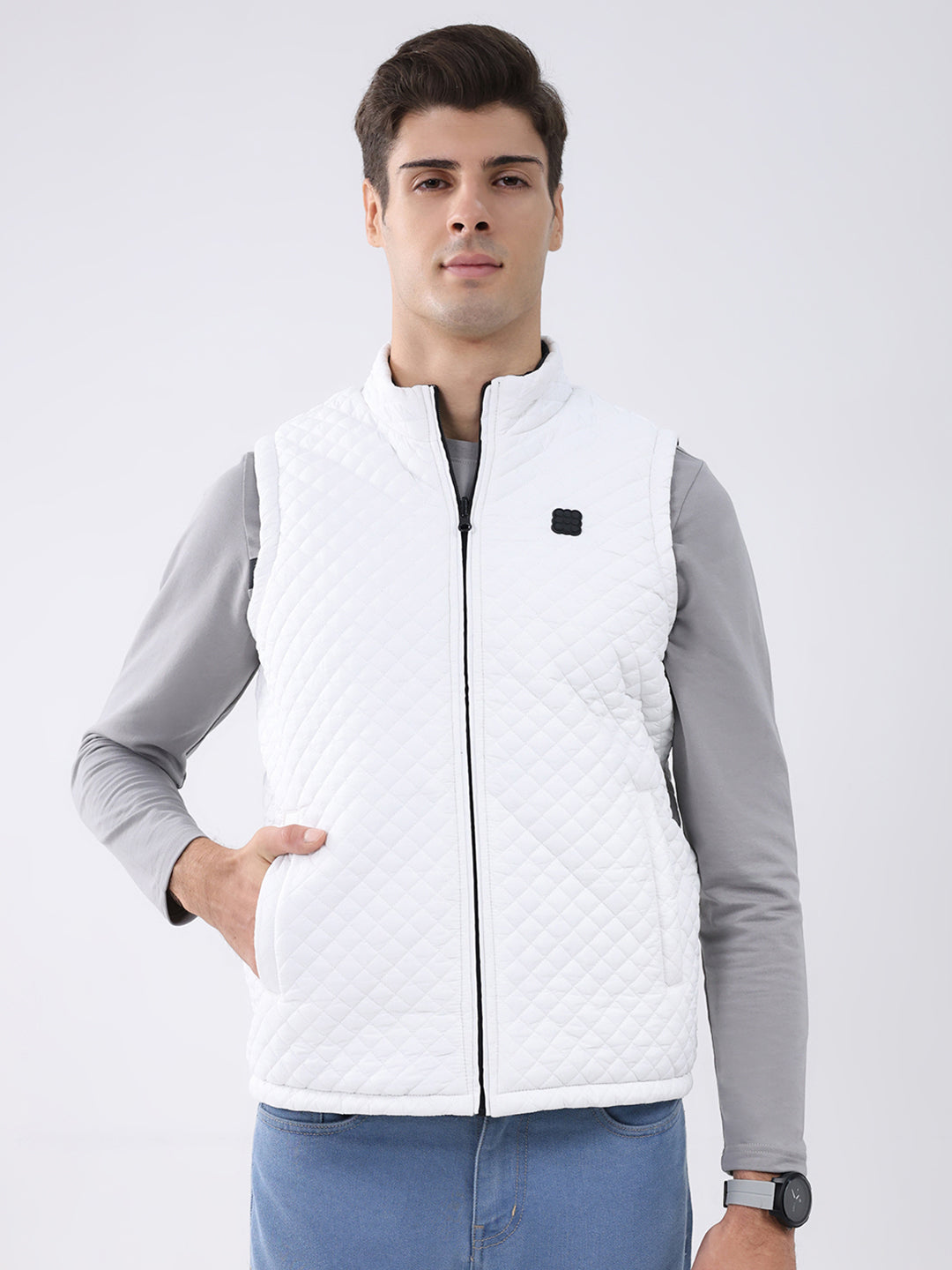 Rock.it Men Black & White Solid Mock Neck Sleeveless Jacket