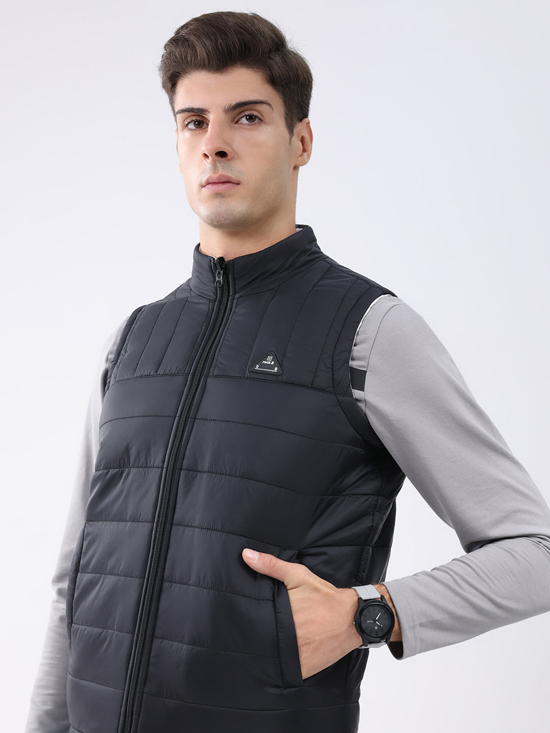 Rock.it Men Black & White Solid Mock Neck Sleeveless Jacket