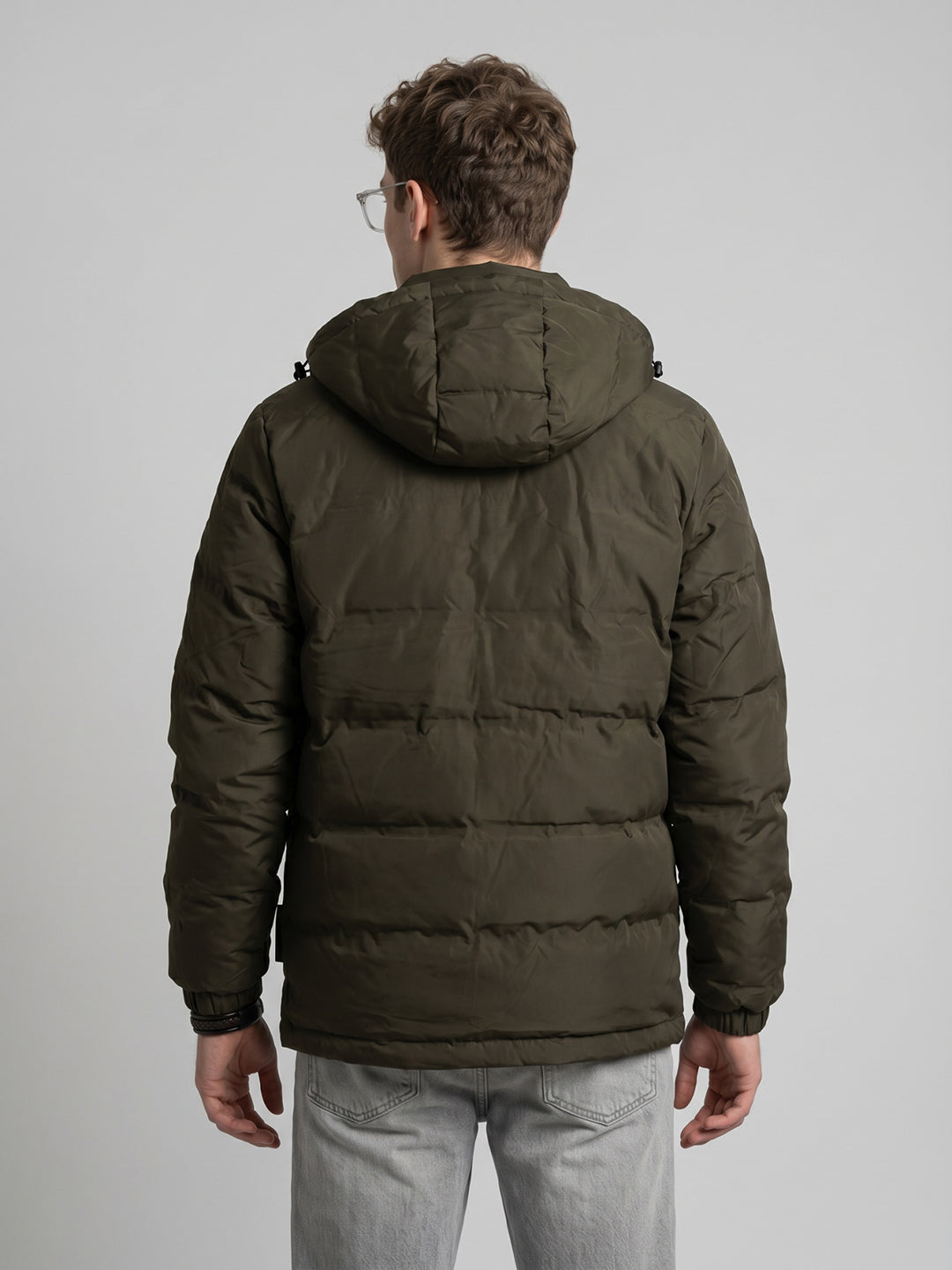 Rock.it Men Olive Self Design Heating Puffer Jacket with Detachable Hood
