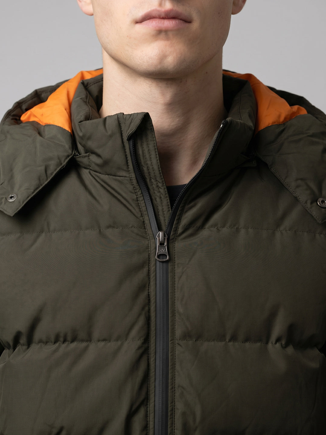 Rock.it Men Olive Self Design Heating Puffer Jacket with Detachable Hood