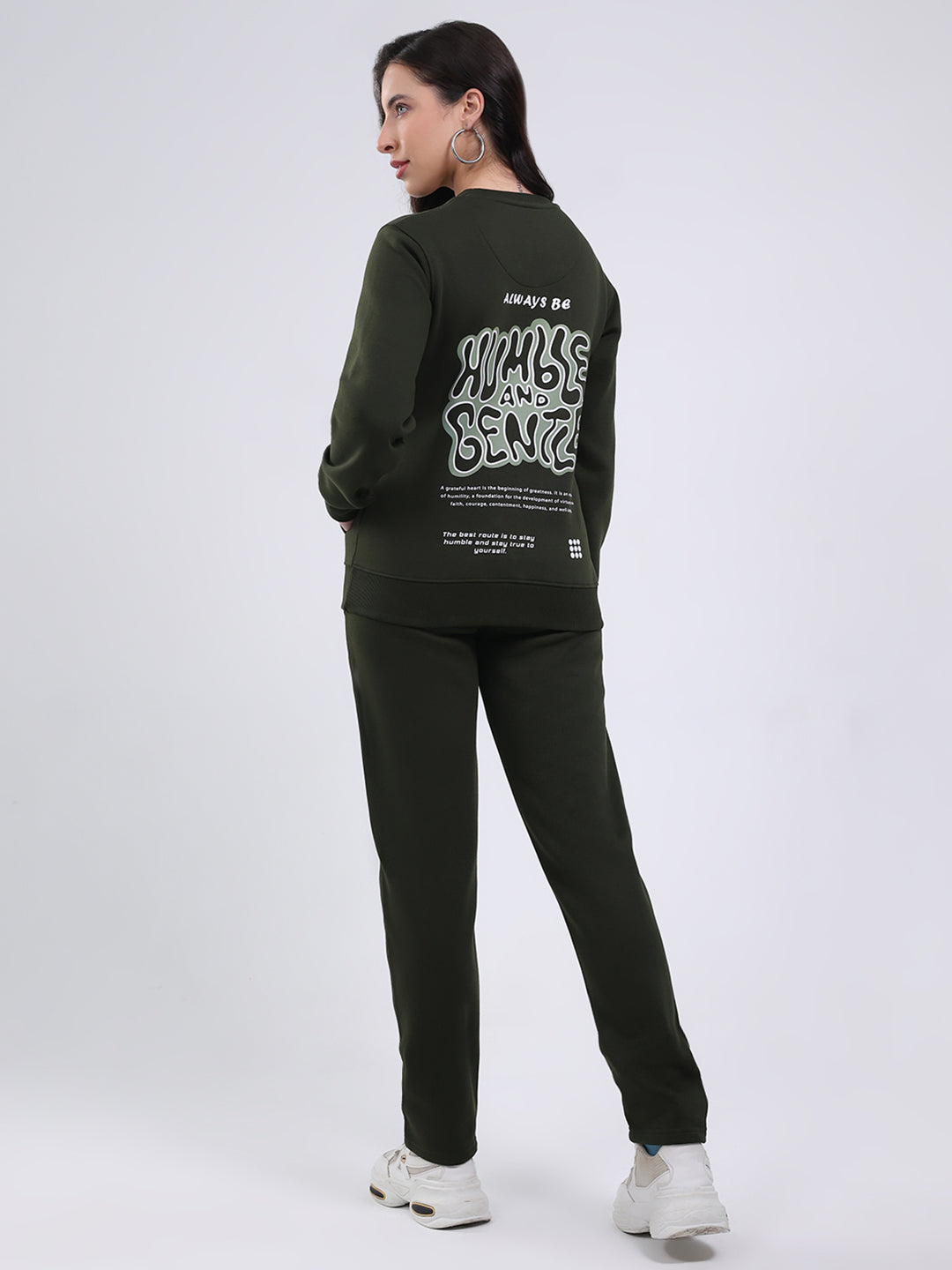 Rock.it Women Dark Green Printed Round Neck Full Sleeve Winter Tracksuit