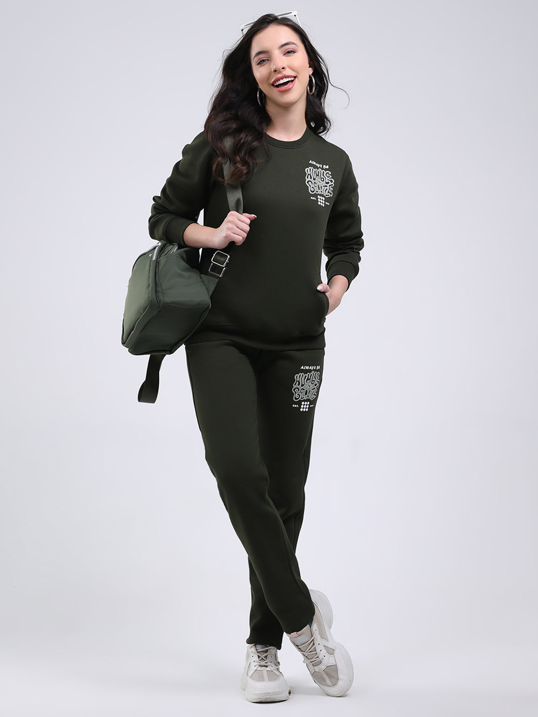 Rock.it Women Dark Green Printed Round Neck Full Sleeve Winter Tracksuit