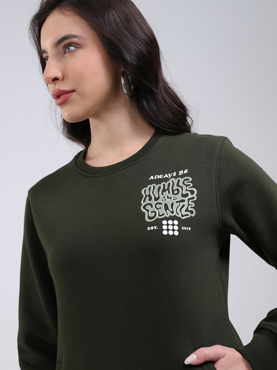 Rock.it Women Dark Green Printed Round Neck Full Sleeve Winter Tracksuit