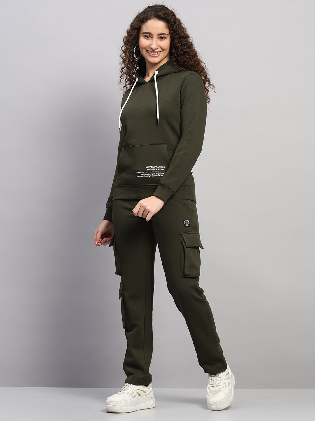 Rock.it Women Olive Solid Hooded Full Sleeve Winter Tracksuit