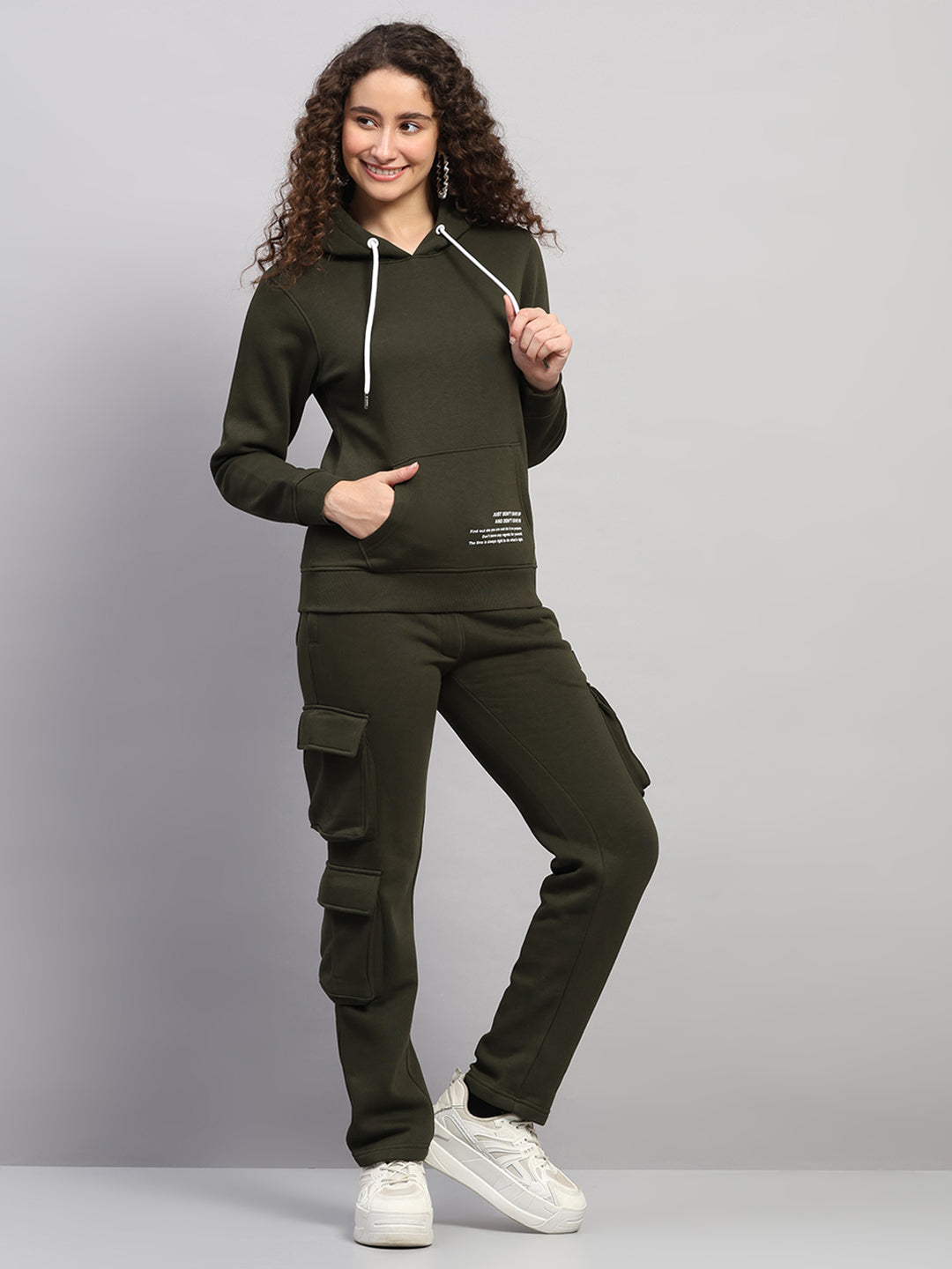 Rock.it Women Olive Solid Hooded Full Sleeve Winter Tracksuit