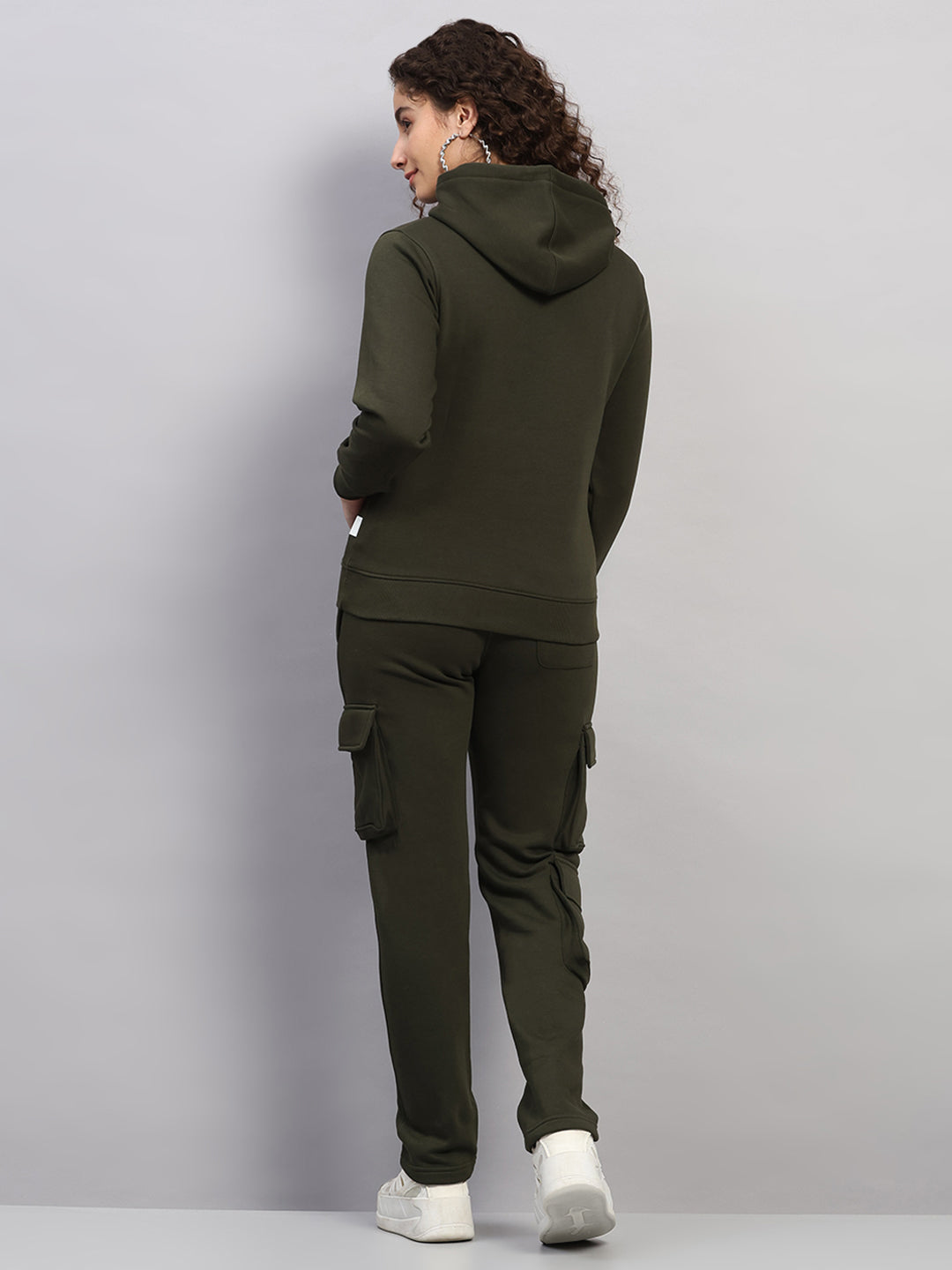 Rock.it Women Olive Solid Hooded Full Sleeve Winter Tracksuit