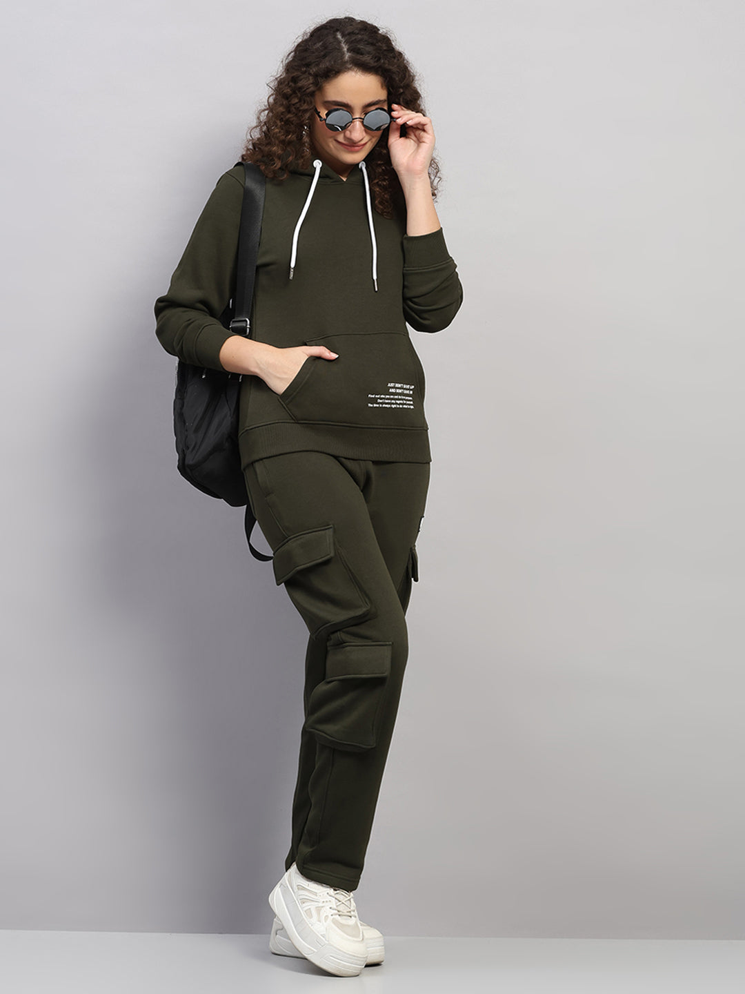 Rock.it Women Olive Solid Hooded Full Sleeve Winter Tracksuit