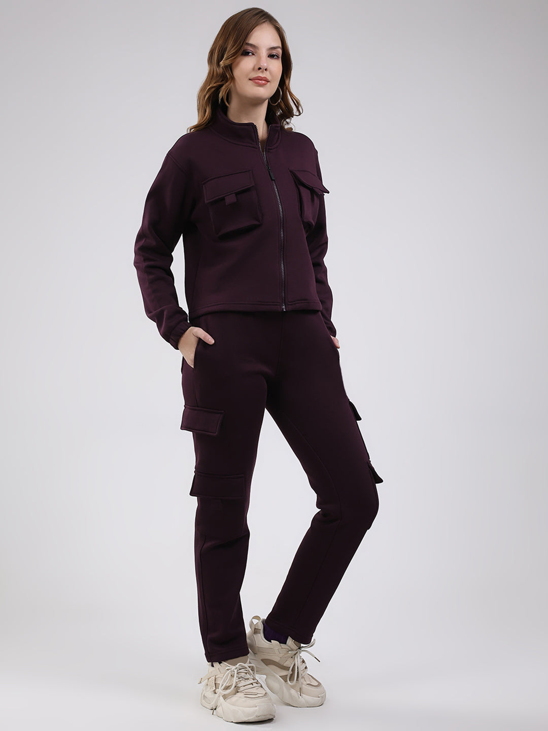 Rock.it Women Maroon Solid Mock Neck Full Sleeve Winter Tracksuit