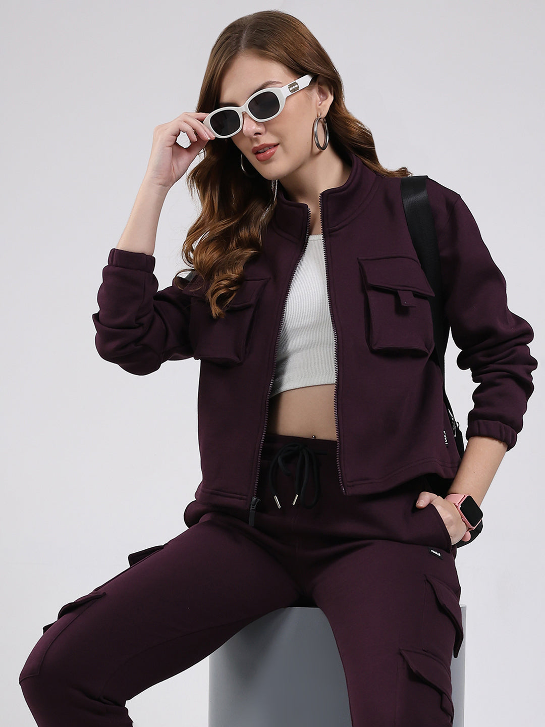 Rock.it Women Maroon Solid Mock Neck Full Sleeve Winter Tracksuit