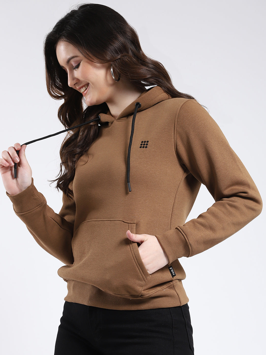 Rock.it Women Brown Solid Hooded Full Sleeve Sweatshirt