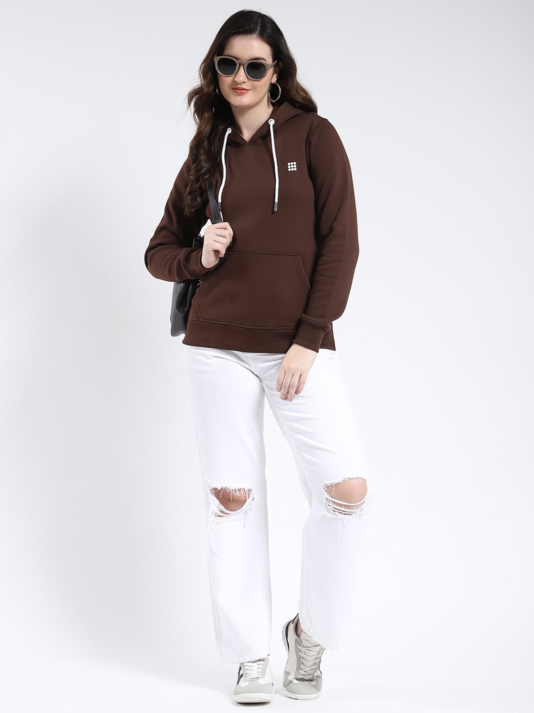 Rock.it Women Brown Solid Hooded Full Sleeve Sweatshirt