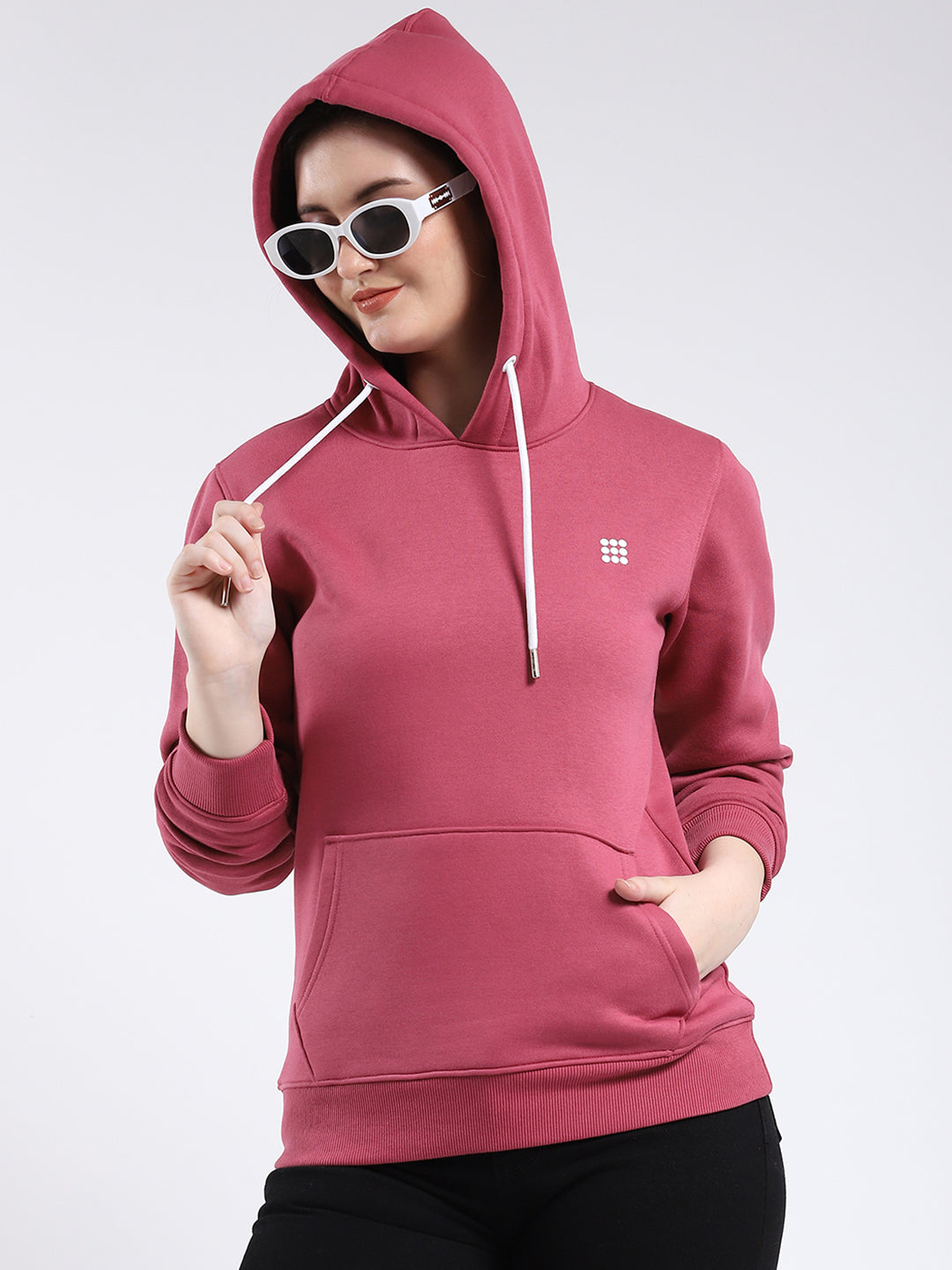 Rock.it Women Pink Solid Hooded Full Sleeve Sweatshirt