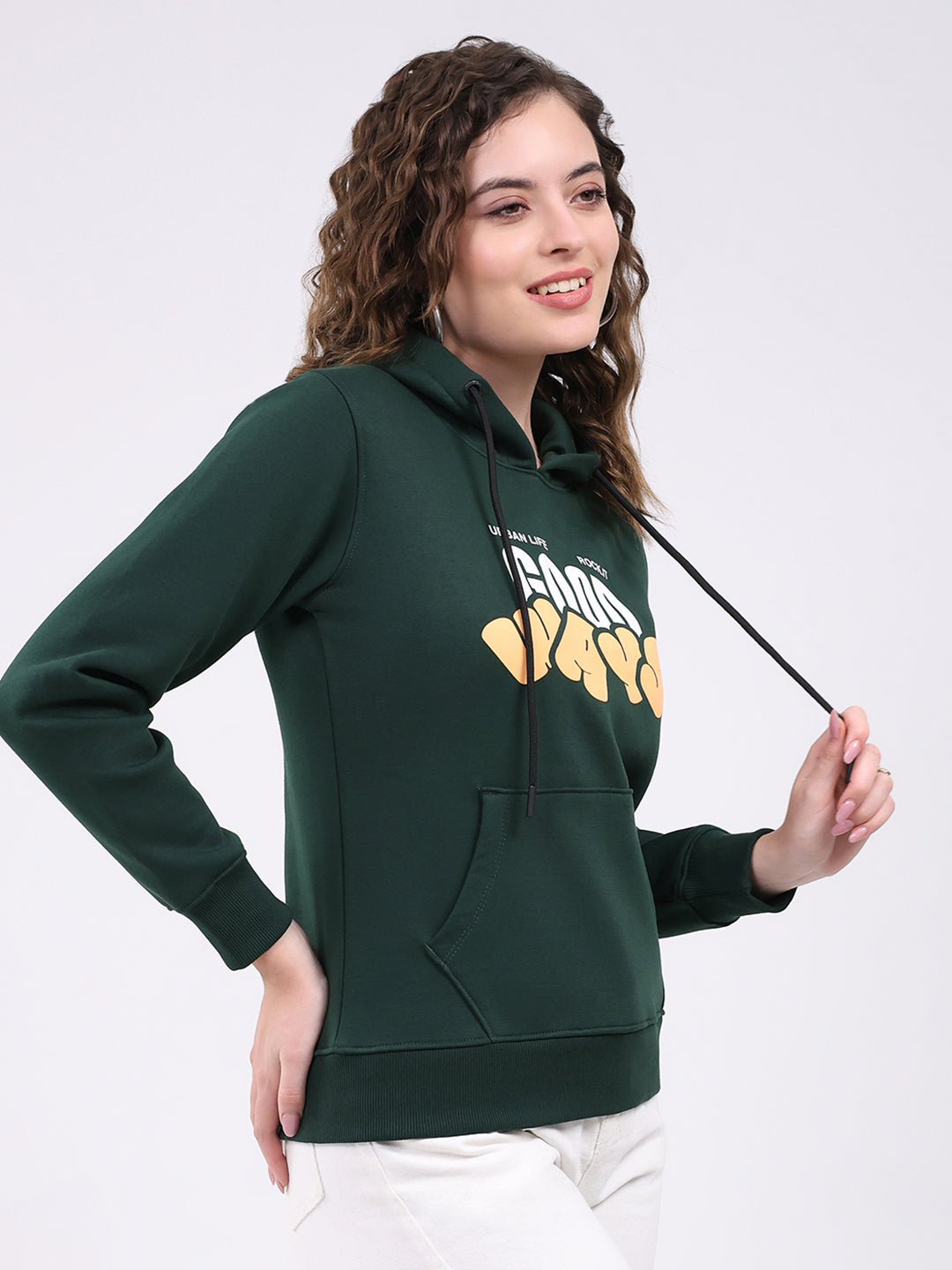 Rock.it Women Dark Green Printed Hooded Full Sleeve Sweatshirt
