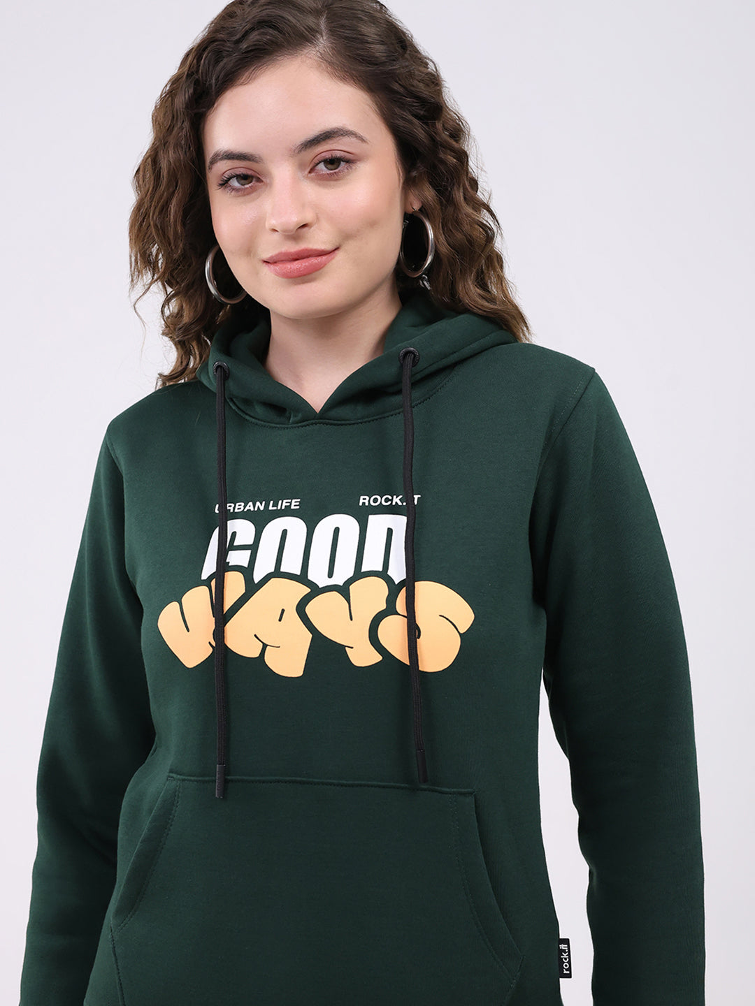 Rock.it Women Dark Green Printed Hooded Full Sleeve Sweatshirt