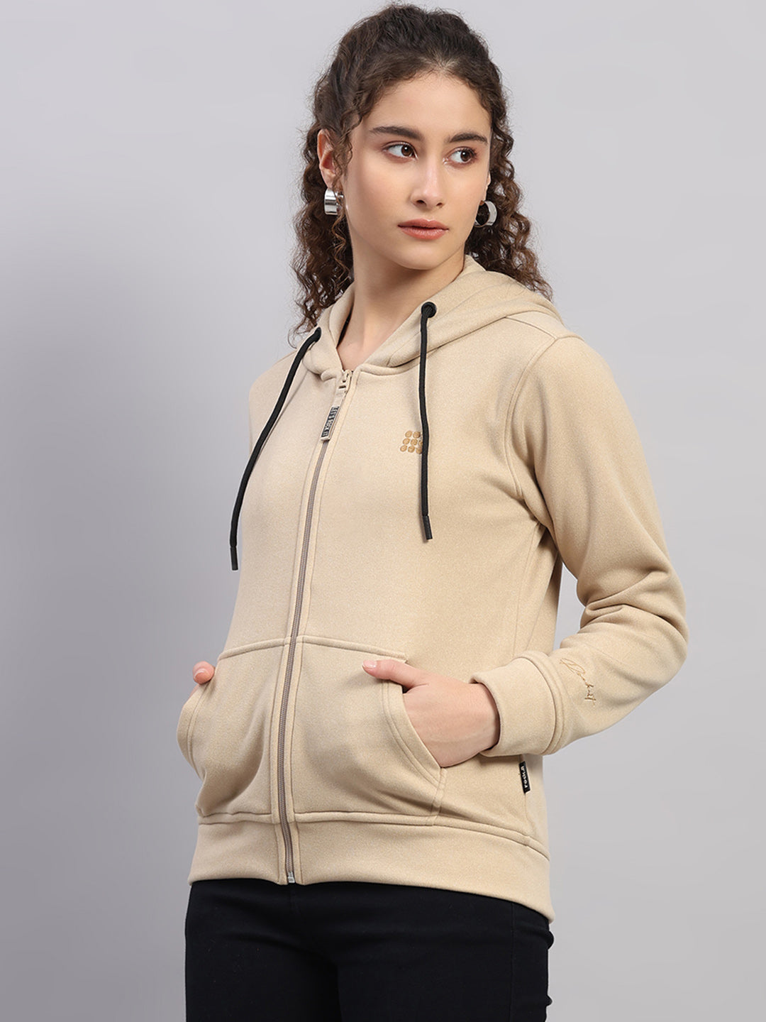 Rock.it Women Cream Solid Hooded Full Sleeve Sweatshirt