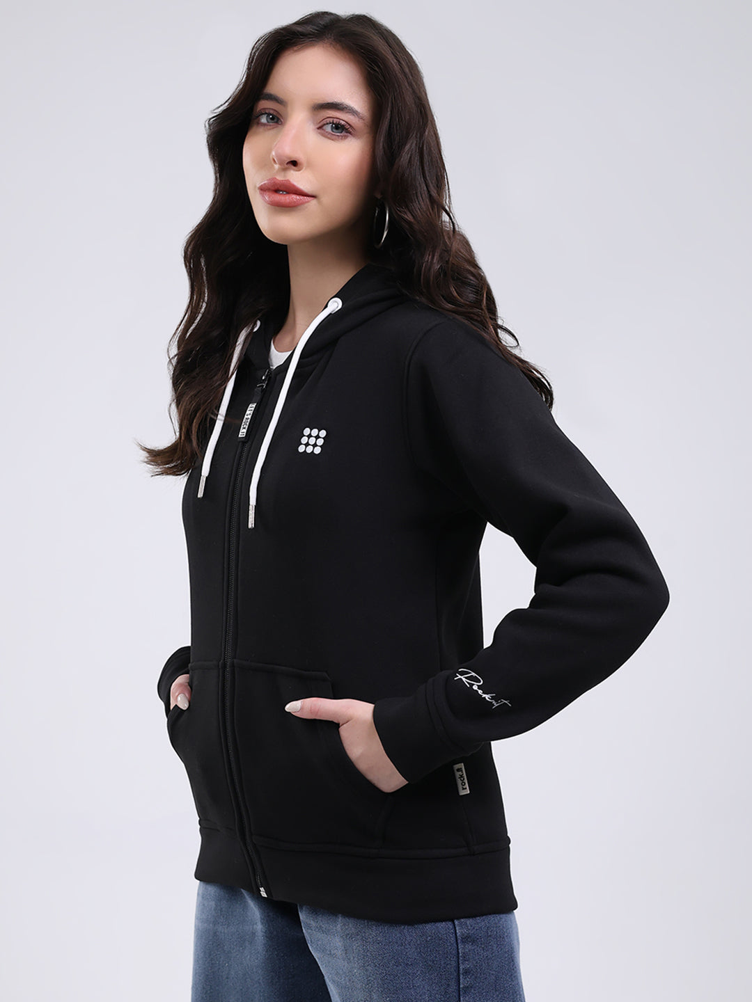 Rock.it Women Black Solid Hooded Full Sleeve Sweatshirt