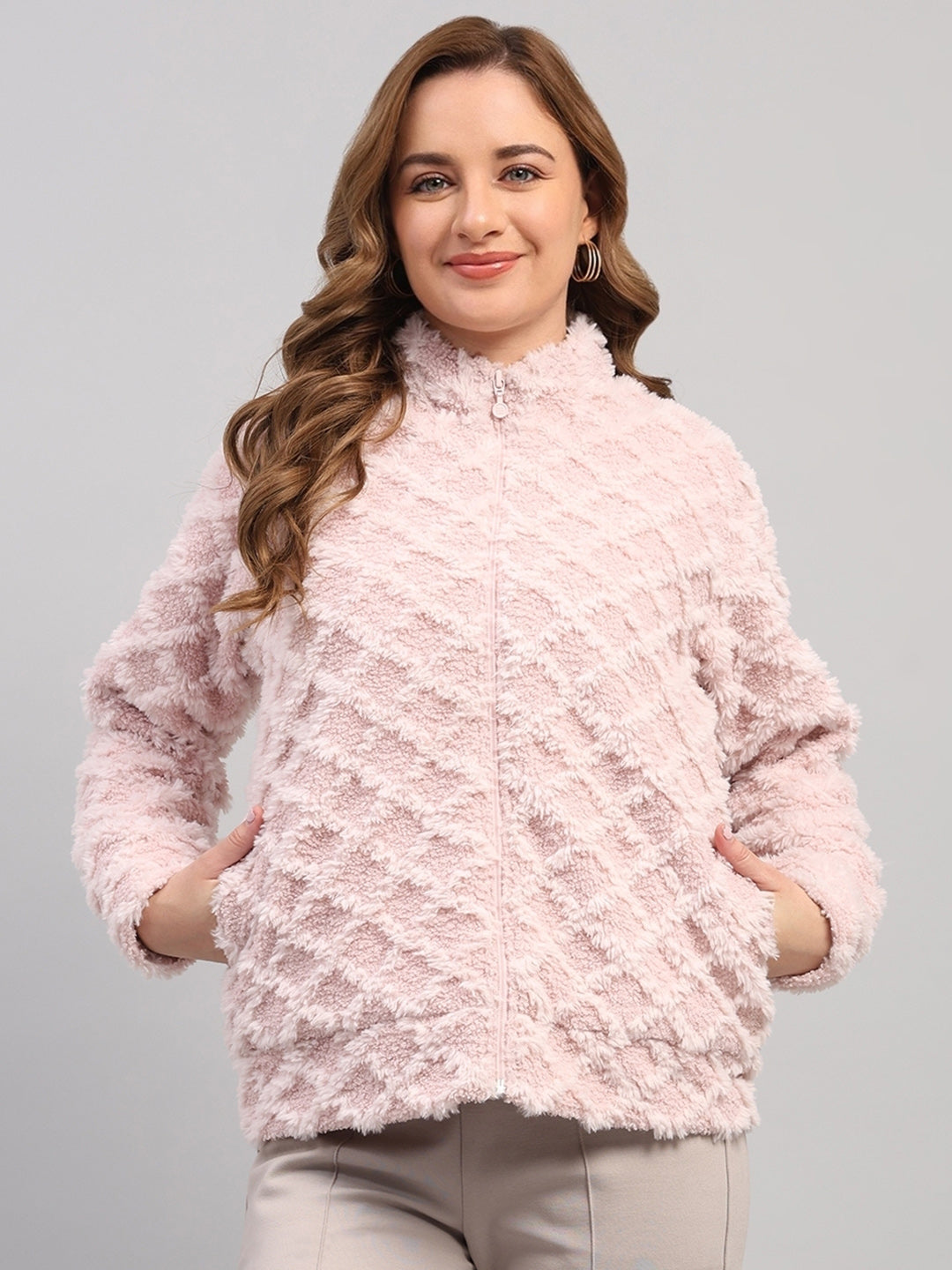 Rock.it Women Peach Self Design Round Neck Full Sleeve Knitted Jacket