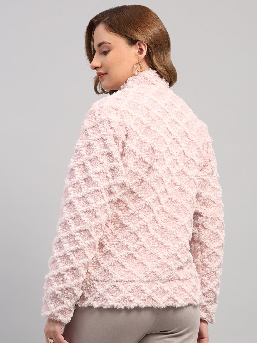 Rock.it Women Peach Self Design Round Neck Full Sleeve Knitted Jacket