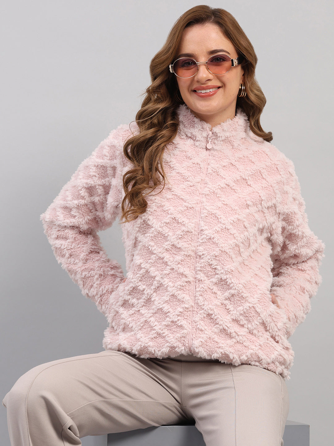 Rock.it Women Peach Self Design Round Neck Full Sleeve Knitted Jacket