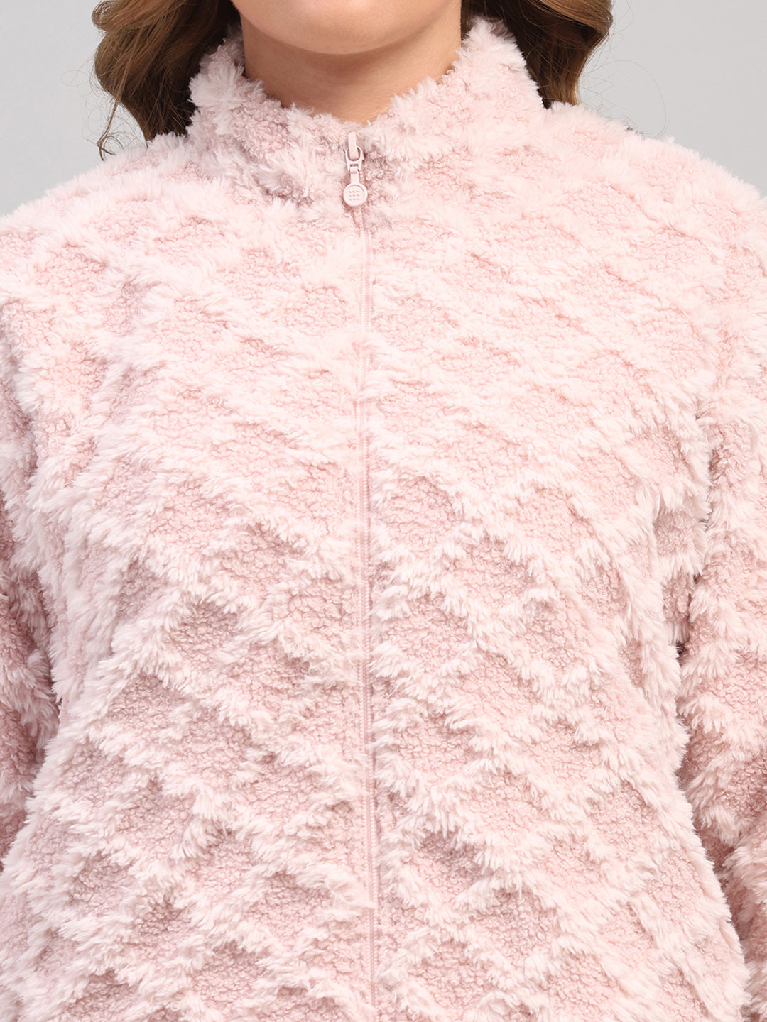 Rock.it Women Peach Self Design Round Neck Full Sleeve Knitted Jacket