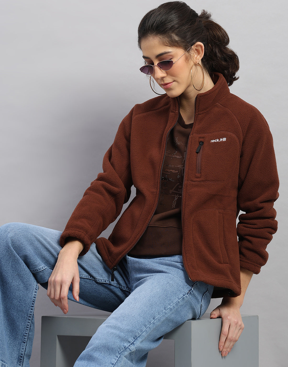 Rock.it Women Brown Solid Turtle Neck Full Sleeve Sweatshirt