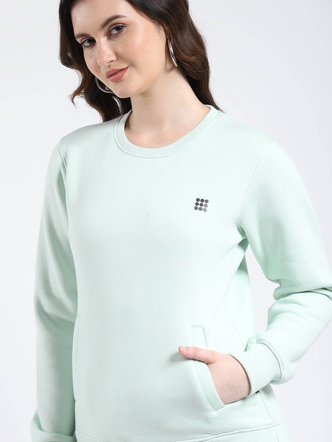 Rock.it Women Green Solid Round Neck Full Sleeve Sweatshirt