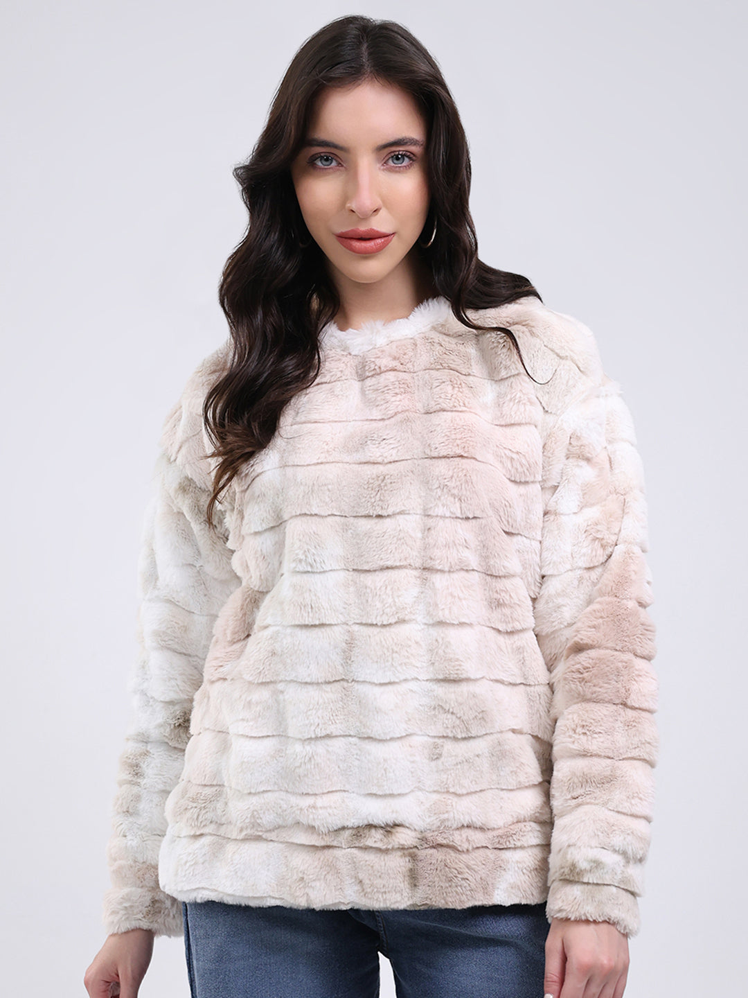 Rock.it Women Beige Self Design Round Neck Full Sleeve Sweatshirt