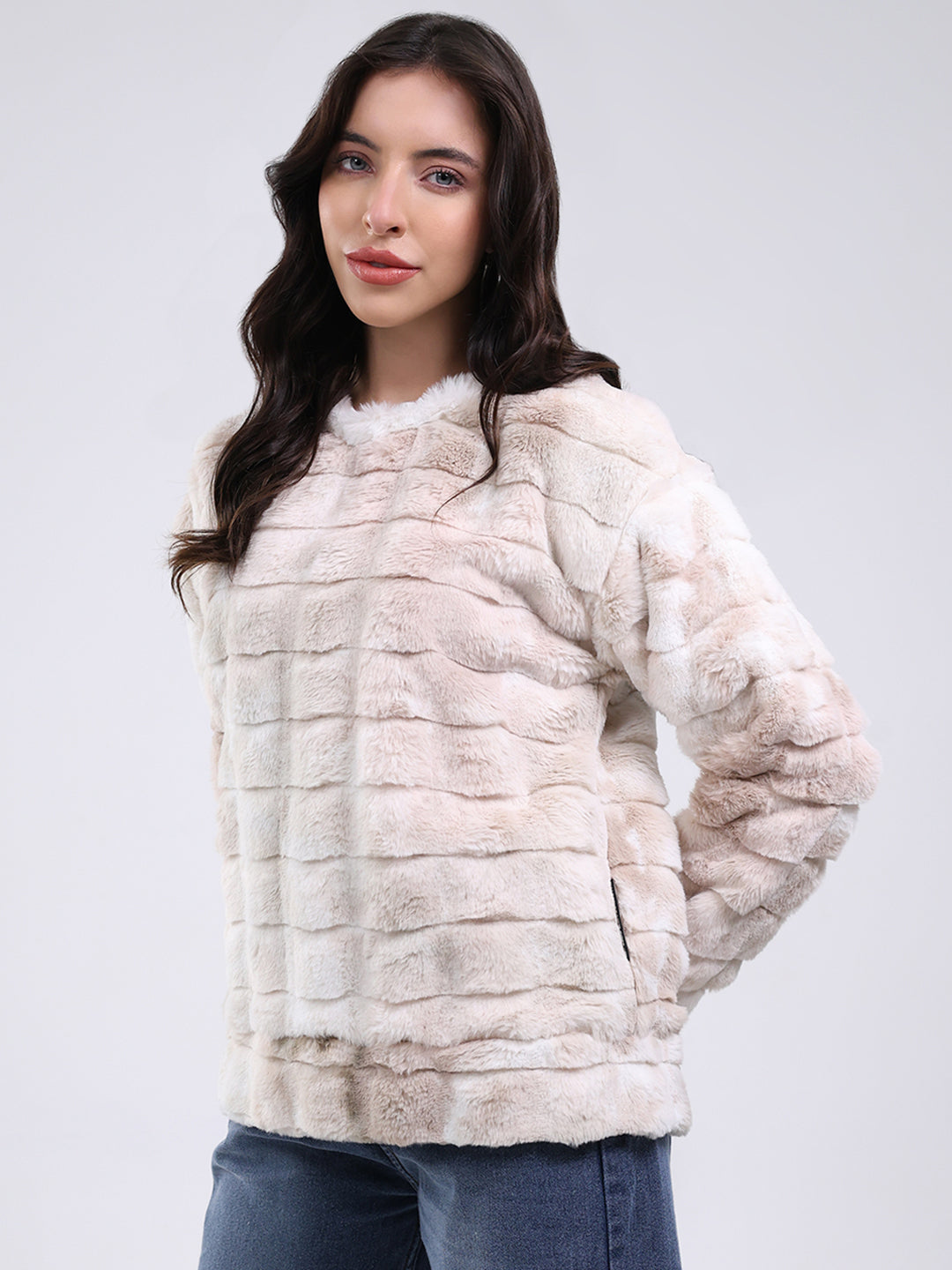 Rock.it Women Beige Self Design Round Neck Full Sleeve Sweatshirt