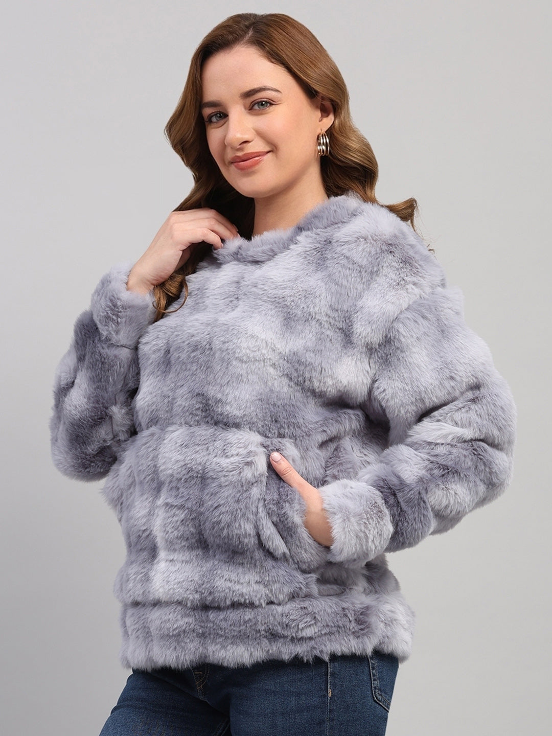 Rock.it Women Grey Self Design Round Neck Full Sleeve Sweatshirt
