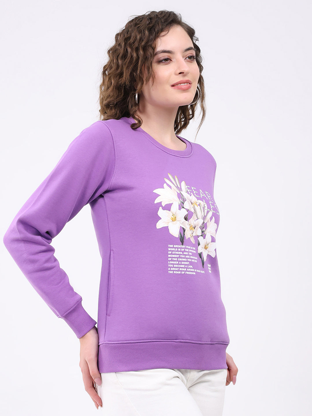 Rock.it Women Purple Printed Round Neck Full Sleeve Sweatshirt