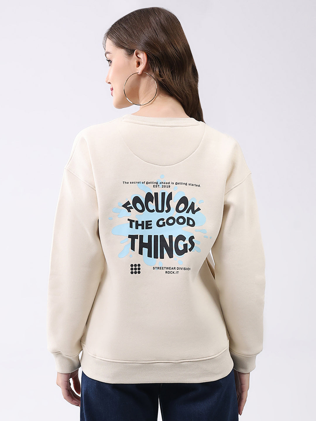 Rock.it Women Cream Printed Round Neck Full Sleeve Sweatshirt