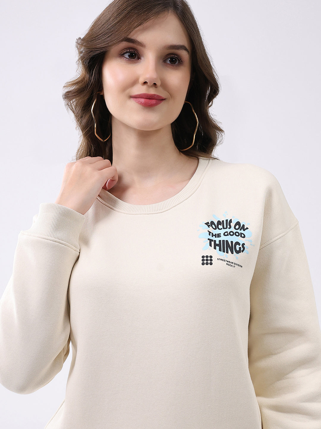 Rock.it Women Cream Printed Round Neck Full Sleeve Sweatshirt