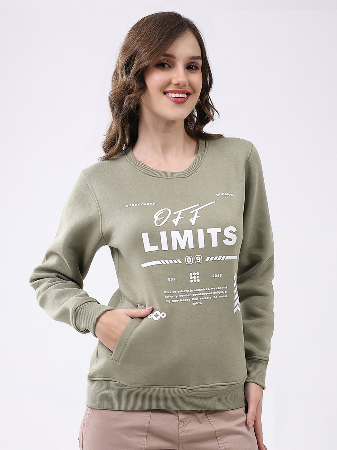 Rock.it Women Green Printed Round Neck Full Sleeve Sweatshirt