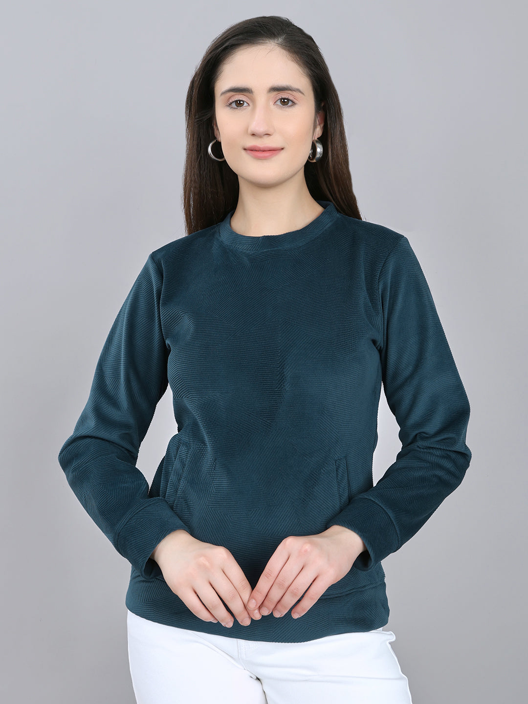 Rock.it Women Teal Blue Self Design Round Neck Full Sleeve Sweatshirt