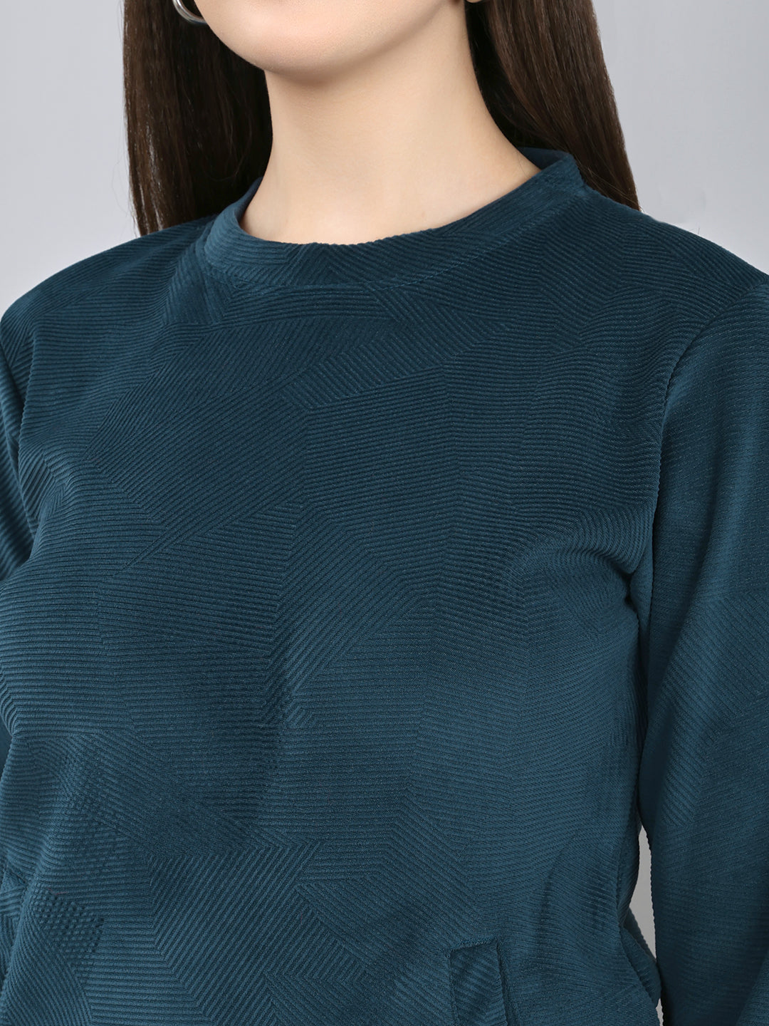 Rock.it Women Teal Blue Self Design Round Neck Full Sleeve Sweatshirt