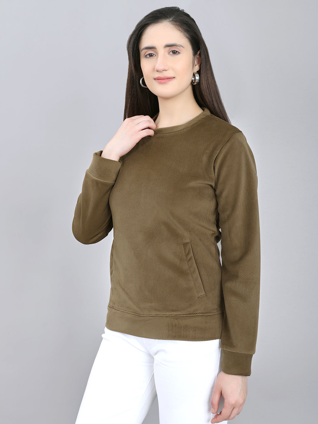 Rock.it Women Brown Self Design Round Neck Full Sleeve Sweatshirt