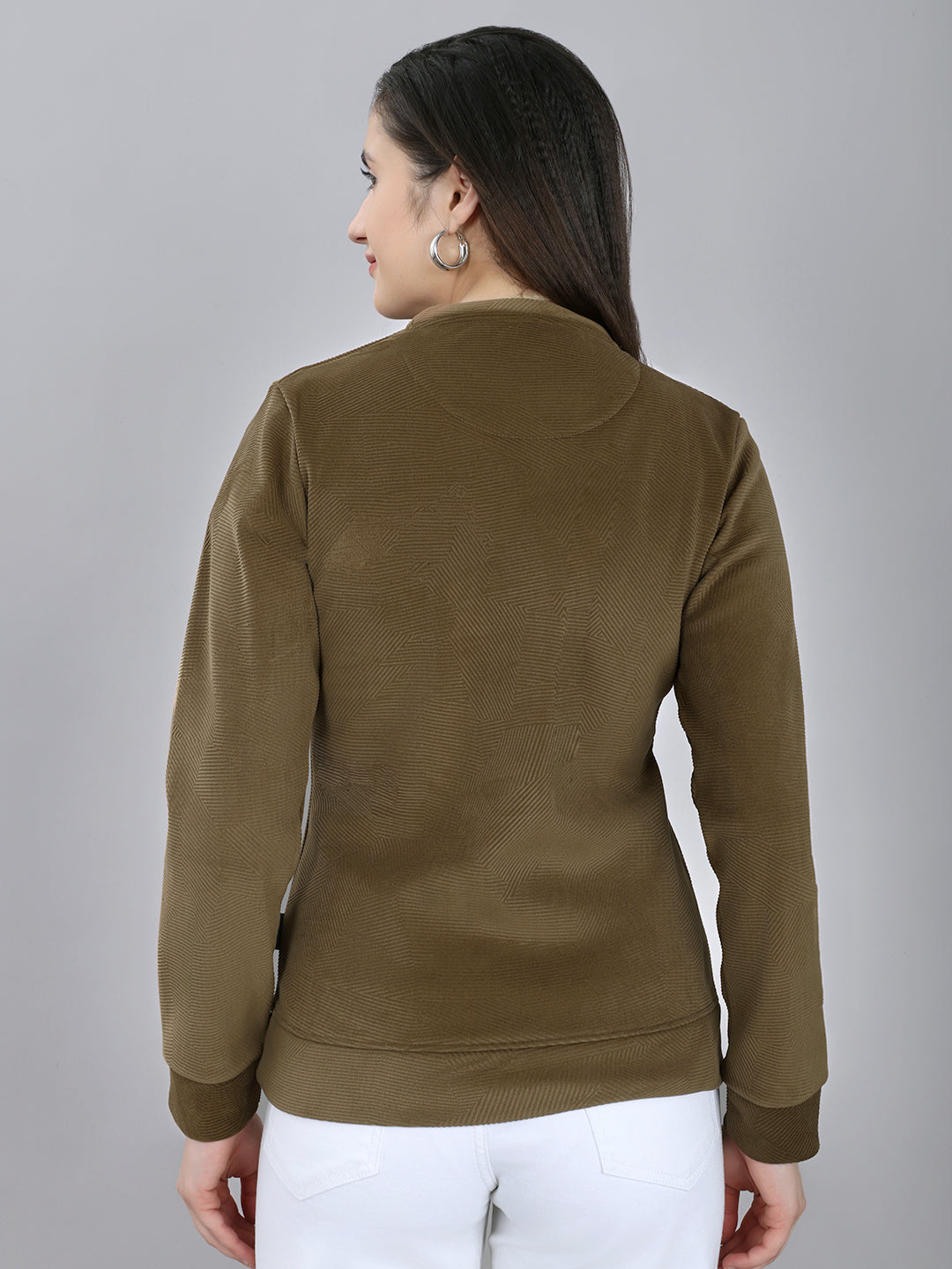Rock.it Women Brown Self Design Round Neck Full Sleeve Sweatshirt