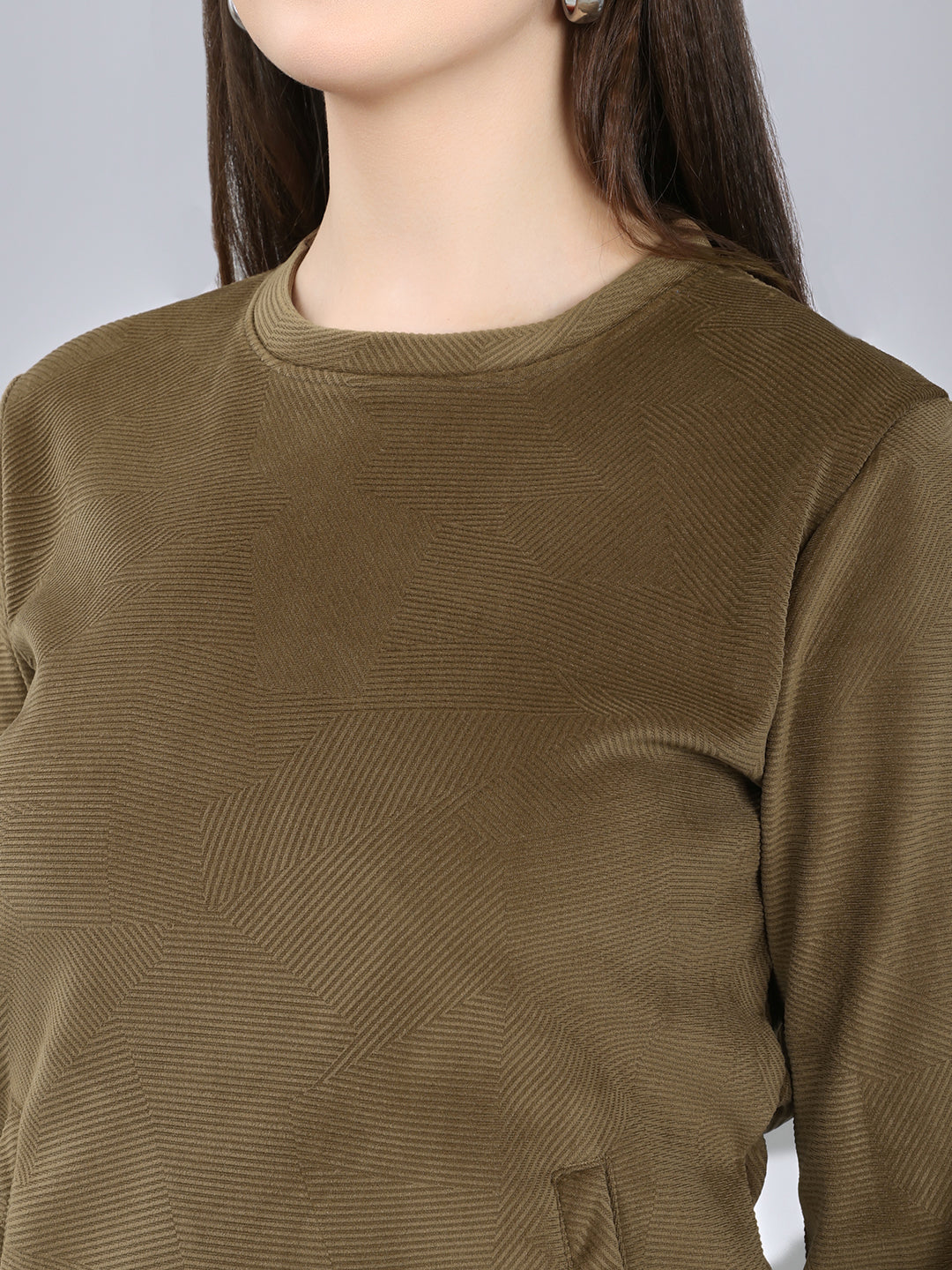 Rock.it Women Brown Self Design Round Neck Full Sleeve Sweatshirt