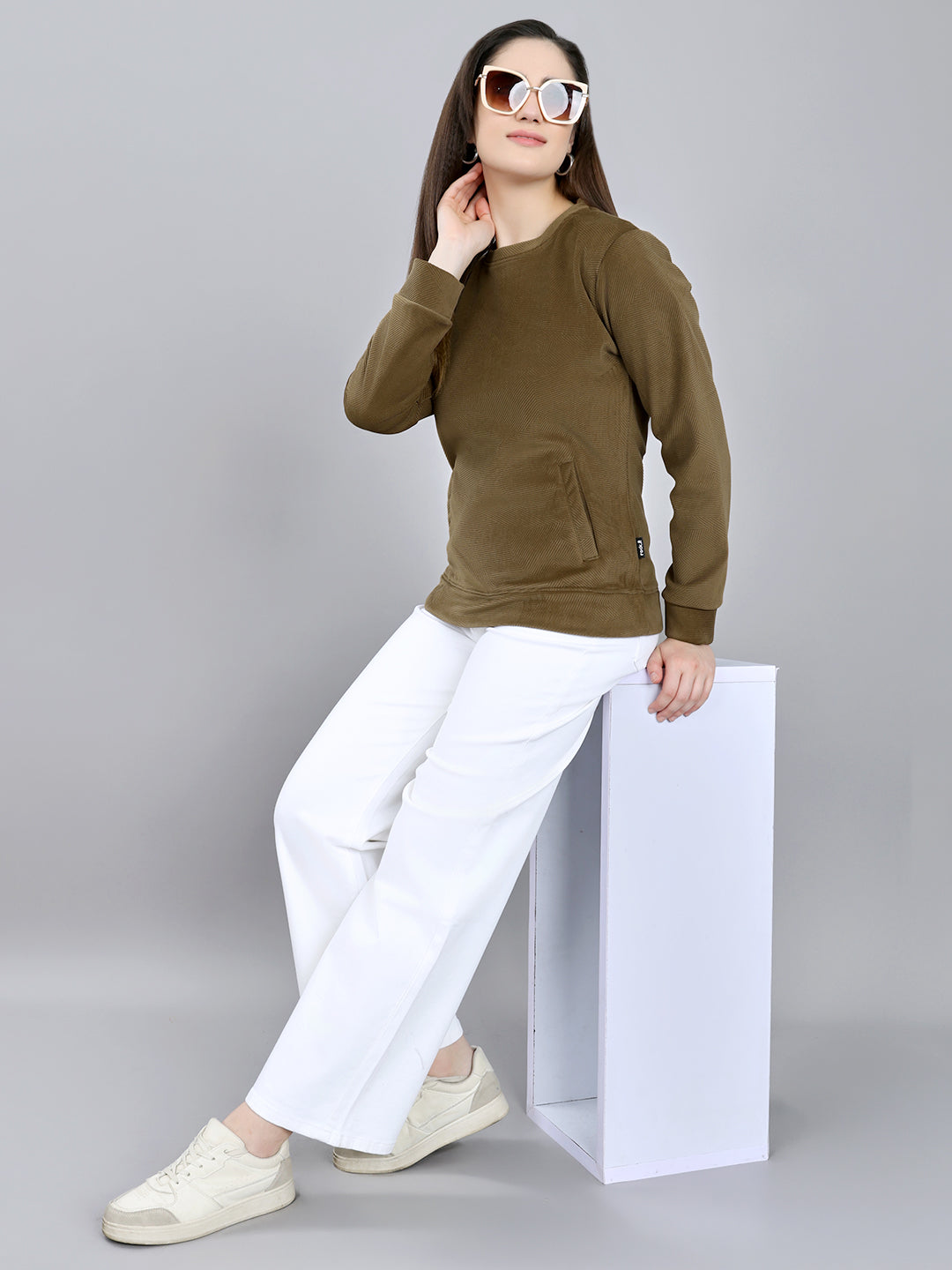 Rock.it Women Brown Self Design Round Neck Full Sleeve Sweatshirt