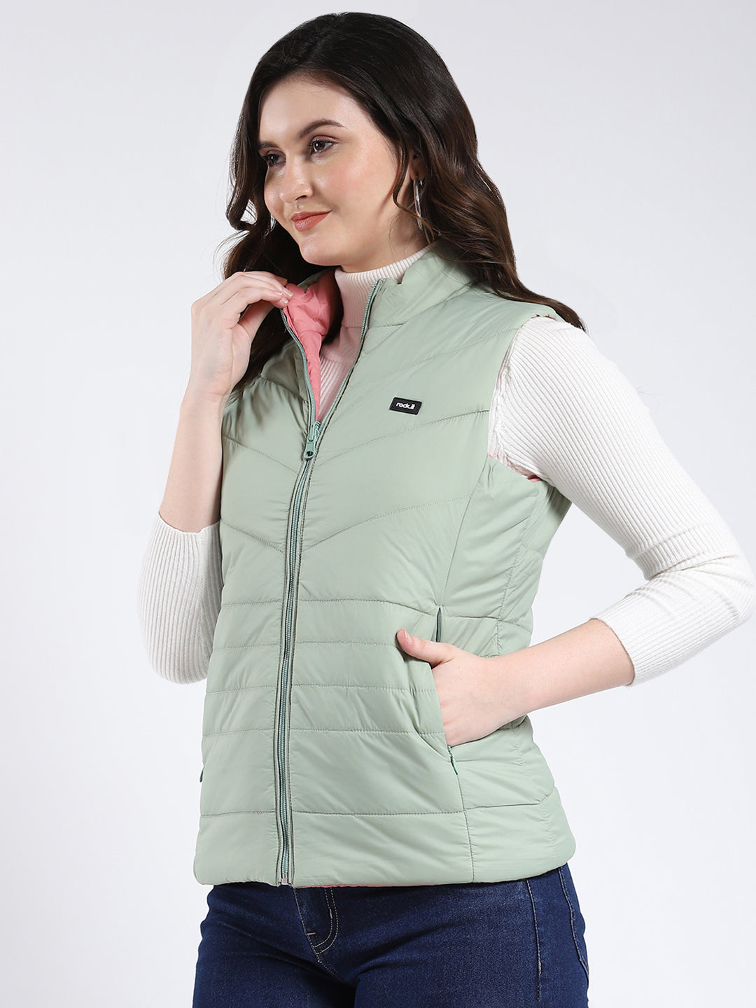Rock.it Women Green & Pink Solid Mock Neck Sleeveless Jacket