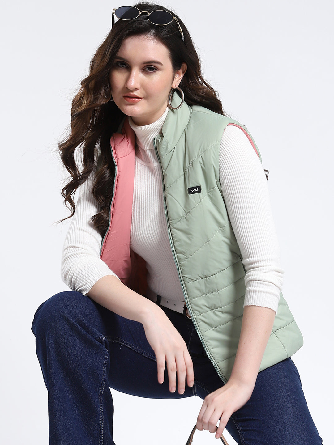 Rock.it Women Green & Pink Solid Mock Neck Sleeveless Jacket