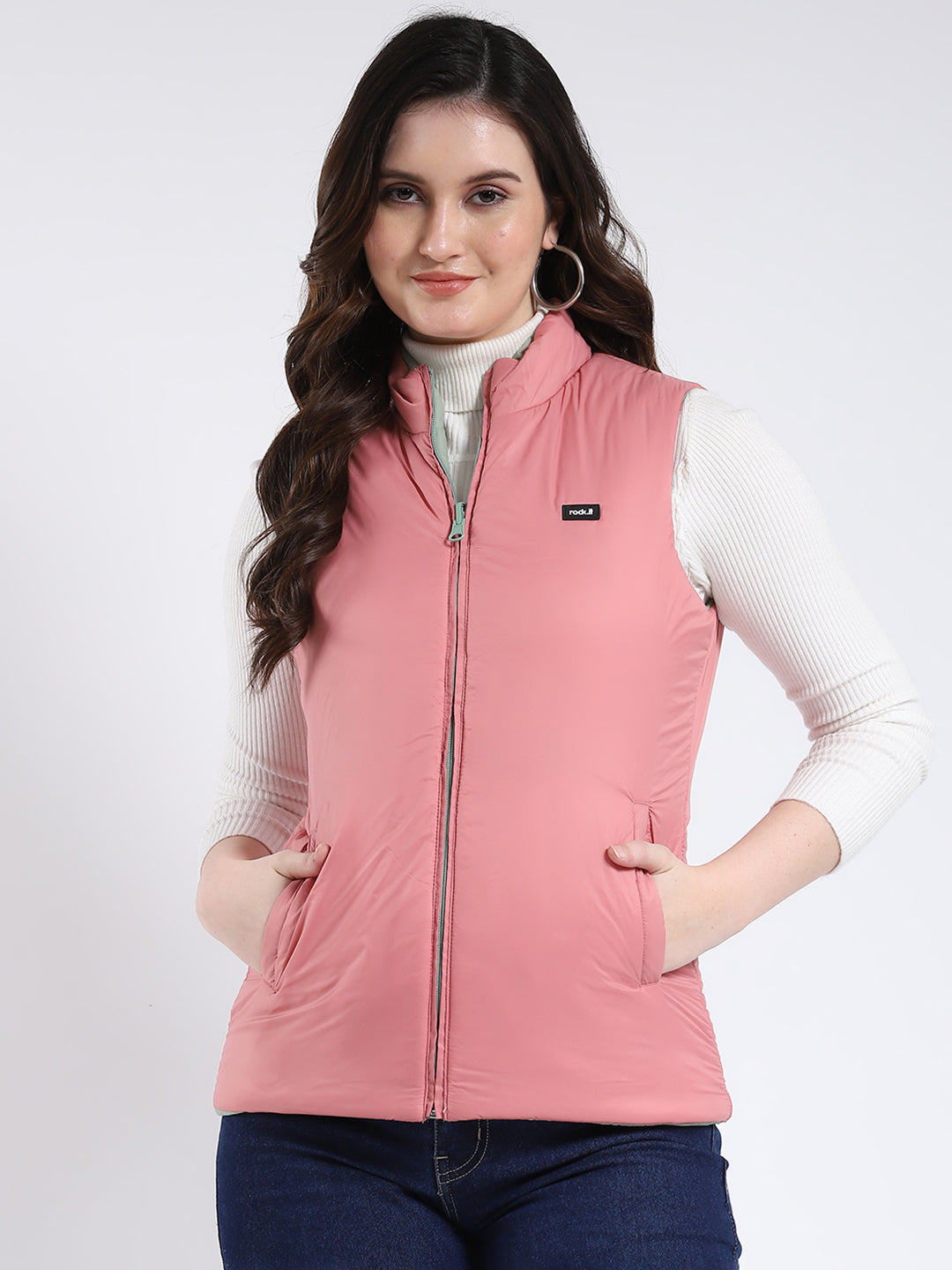 Rock.it Women Green & Pink Solid Mock Neck Sleeveless Jacket